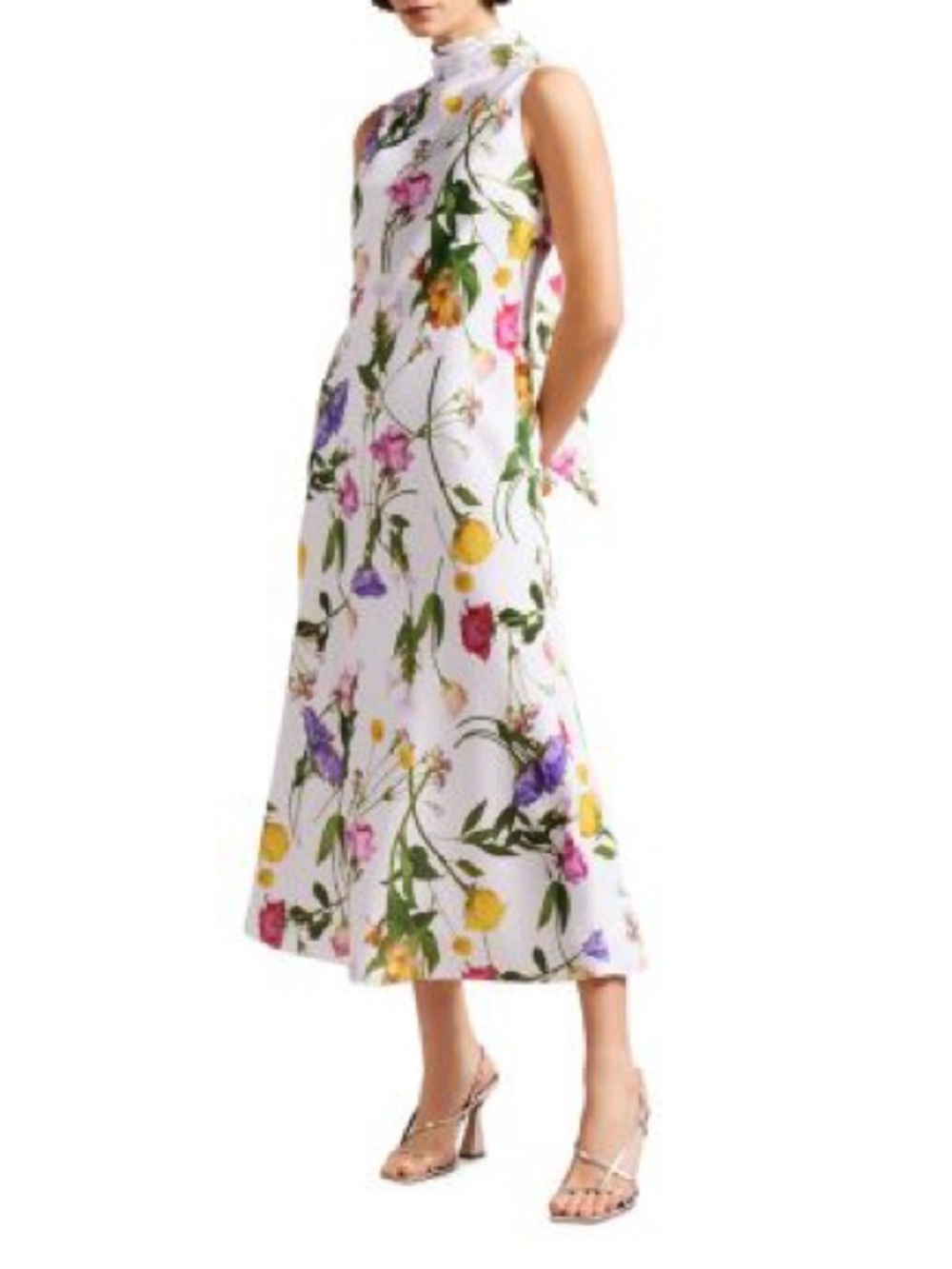 Ted Baker Floral A-Line Midi Dress in White with Multicolor Blooms